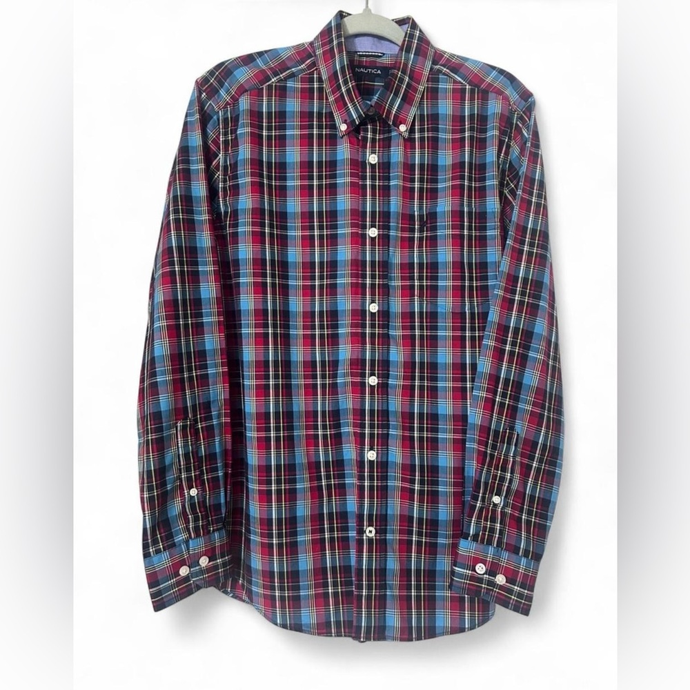 Nautica Men’s Plaid Button-Down Shirt – Blue/Red/White/Yellow/Black – Size M
